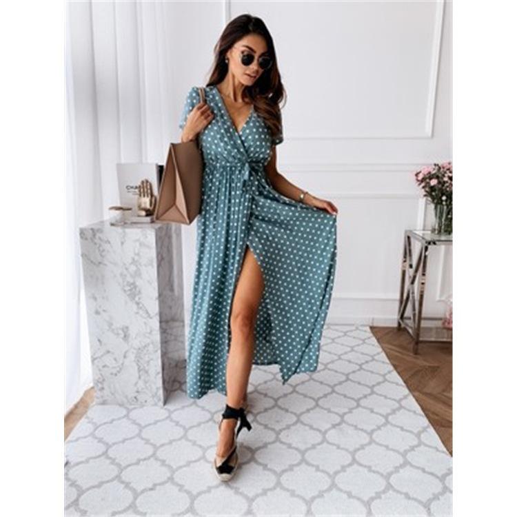 Summer V-Neck Bohemian Polka Dot Long Dress with Short Sleeves