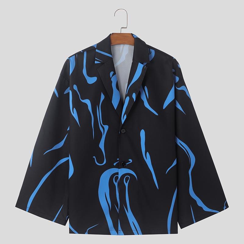 

INCERUN Мужская футболка оверсайз с лацканами, длинным рукавом и принтом, повседневная свободная рубашка, топы S чёрный