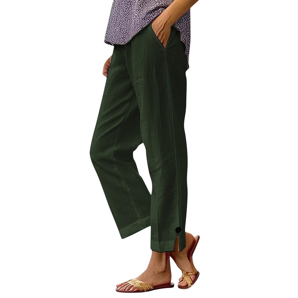 Women's Fashion Color Loose Color Elastic Waist Pocket Straight Leg Casual Cropped Pants