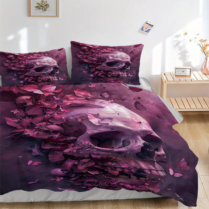 3pcs Dreamlike Fusion of Skulls Butterflies and Petals Printed Duvet Cover Set (1 * Cover+2 * Pillowcase, Without Core), Suitable for Home Bedroo