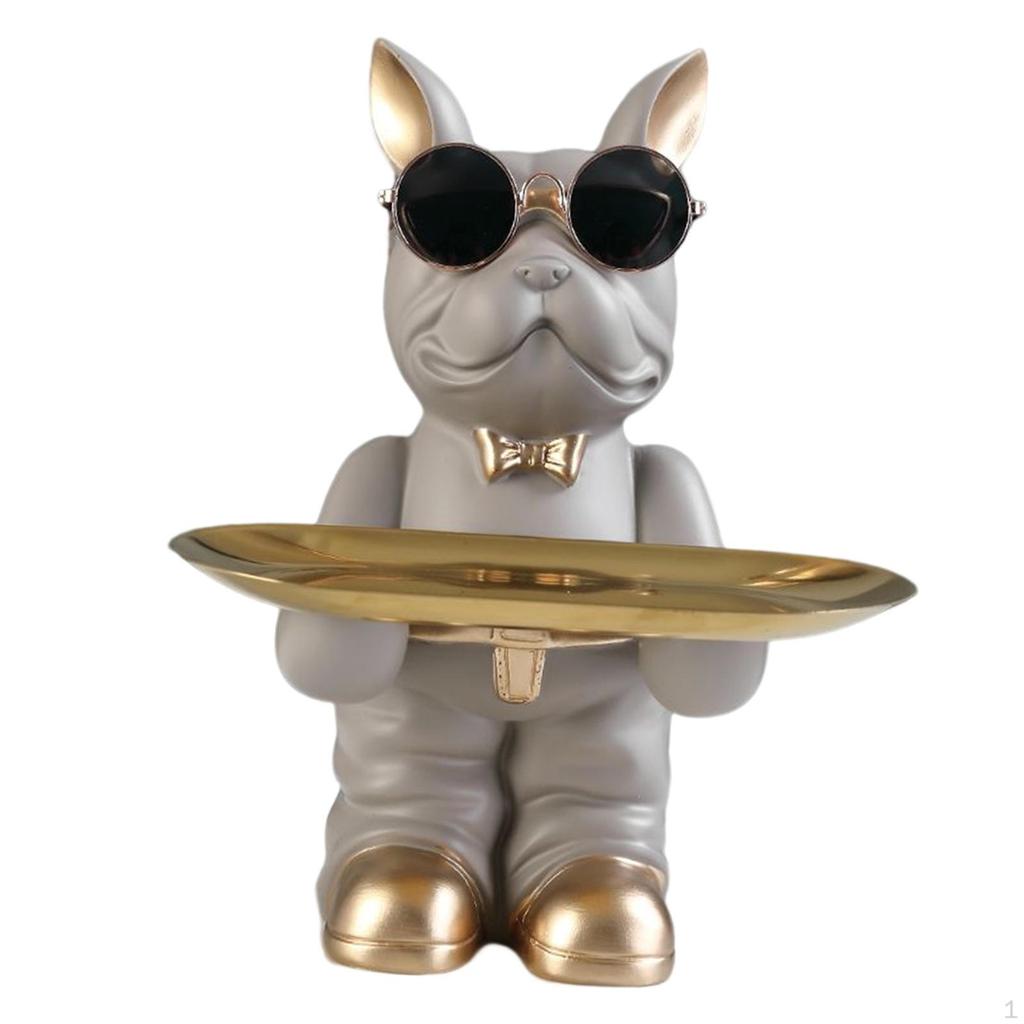 Dog Sculpture Figurine with Tray Desk Organizer Resin Statue for Living Room Table Decoration