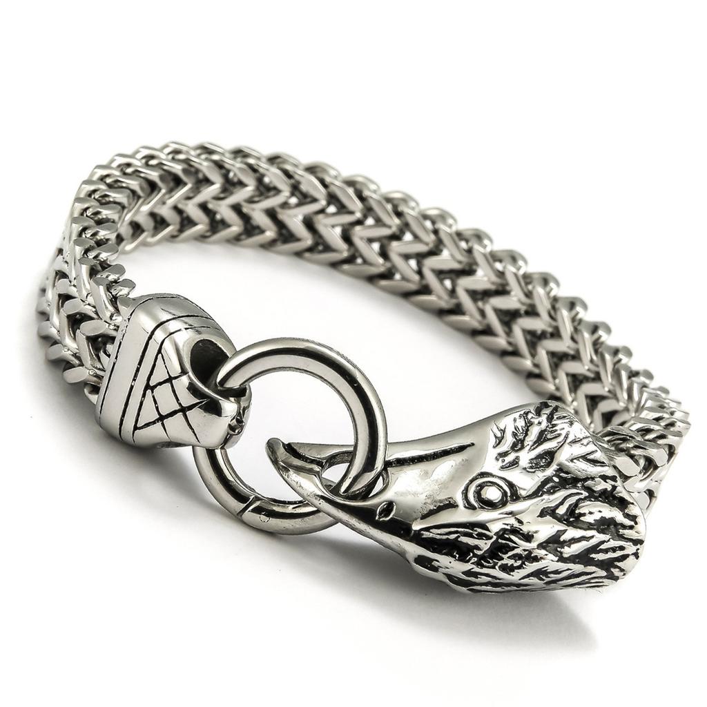 Viking Wolf Head Bracelet for Men Stainless Steel Chain Link Retro Handmade Jewelry Gift