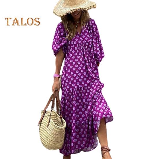 

Летнее женское платье с V-образным вырезом и рукавами-пузырьками три четверти с геометрическим принтом, свободное лоскутное платье трапециевидной формы с большим подолом, струящееся пляжное платье миди на весенние каникулы L фиолетовый