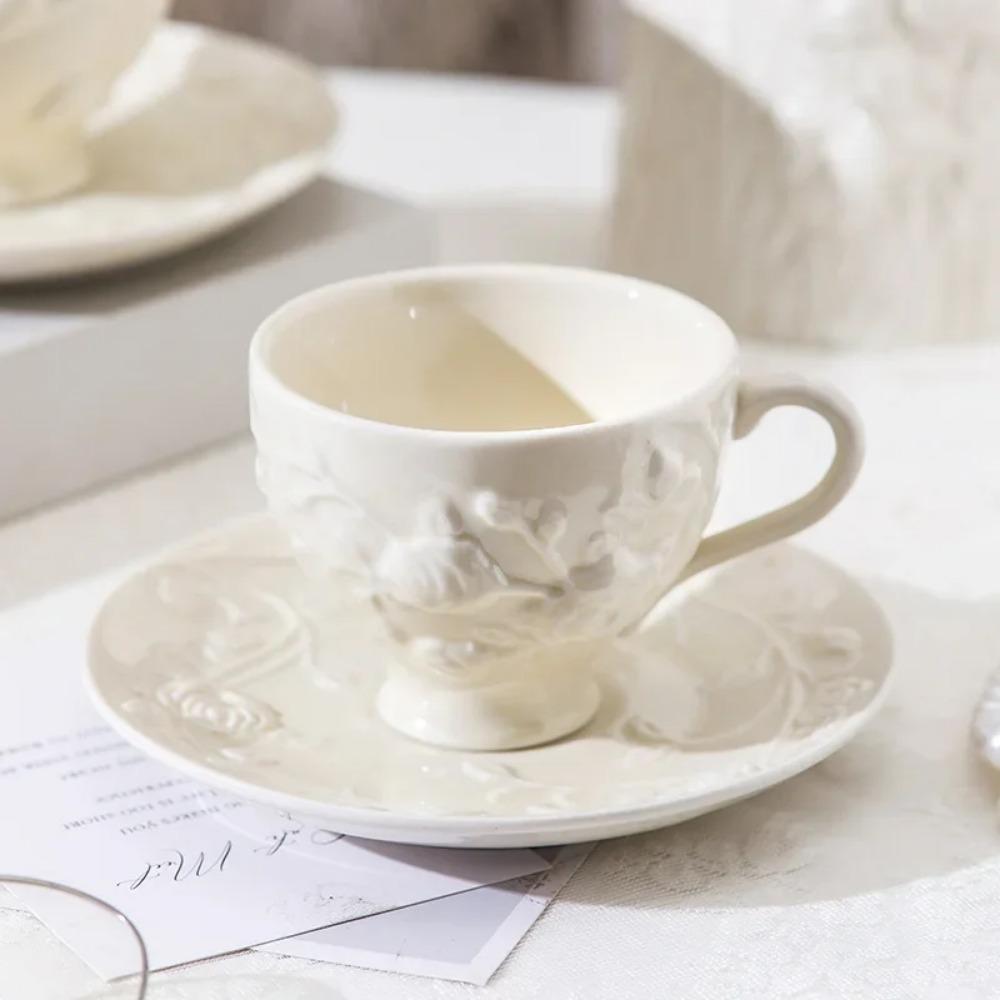 Rose Emboss Ceramic Teapot Black Tea Cup Saucers Set Retro Afternoon Tea Coffee Cup Saucer Couple Cup Set Home Drinkware Mug
