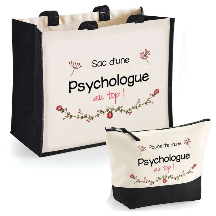 Tote bag - PLANETEE - Duo cabas jute et trousse "Psychologue au top" - Jute & coton - 33x42 cm - Fabrication française