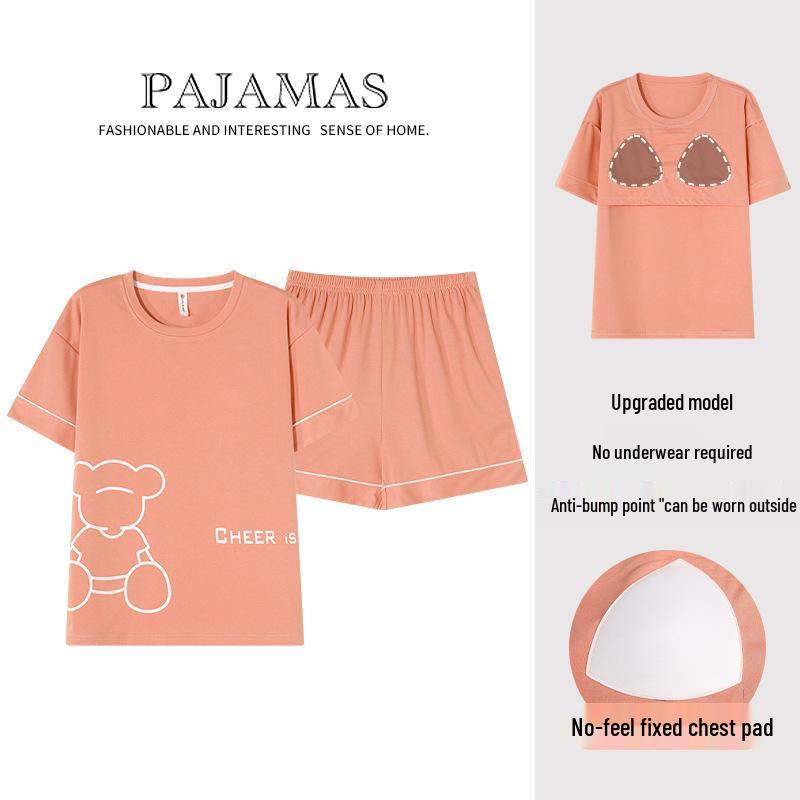 Damen Baumwoll-Pyjama-Set im koreanischen Stil mit Brustpolstern - Kurzarm und Shorts, Anti-Wölbung, lockere Passform für sowohl Haus- als auch Outdoor-Bekleidung
