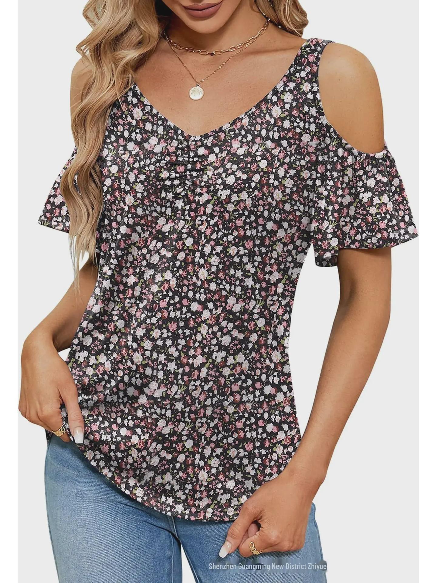 Damen 2023 Sommer Off-Shoulder V-Ausschnitt Bedrucktes Loose Top T-Shirt S