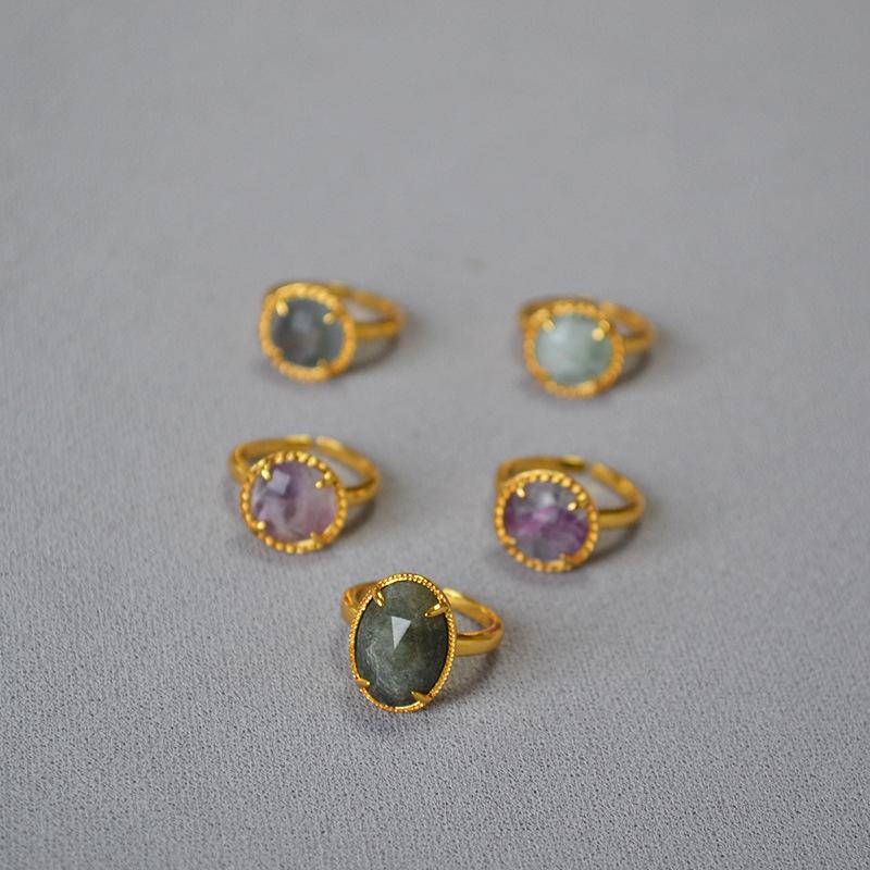 Vintage Brass Gold-Plated Adjustable Ring with Faceted Genuine Natural Stone