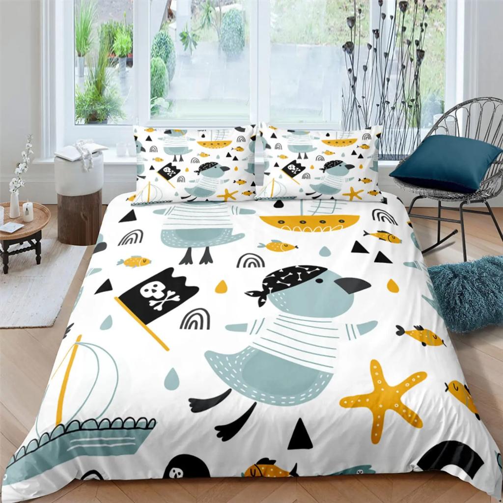 Carton Yelow Duck King Quen Soft Duvet Cover Farm Lovely Animal Beding Set Blue Buble Comfortable Quilt Cover Soft Polyester Warm Comforter Cover