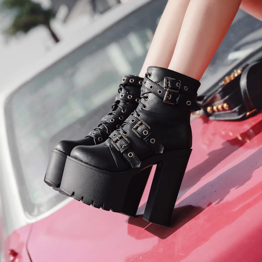 Women's Goth Platform Boots Sexy Round Toe Block Heeled Shoes Buckle Strap Ankle Boots For Women Punk Style