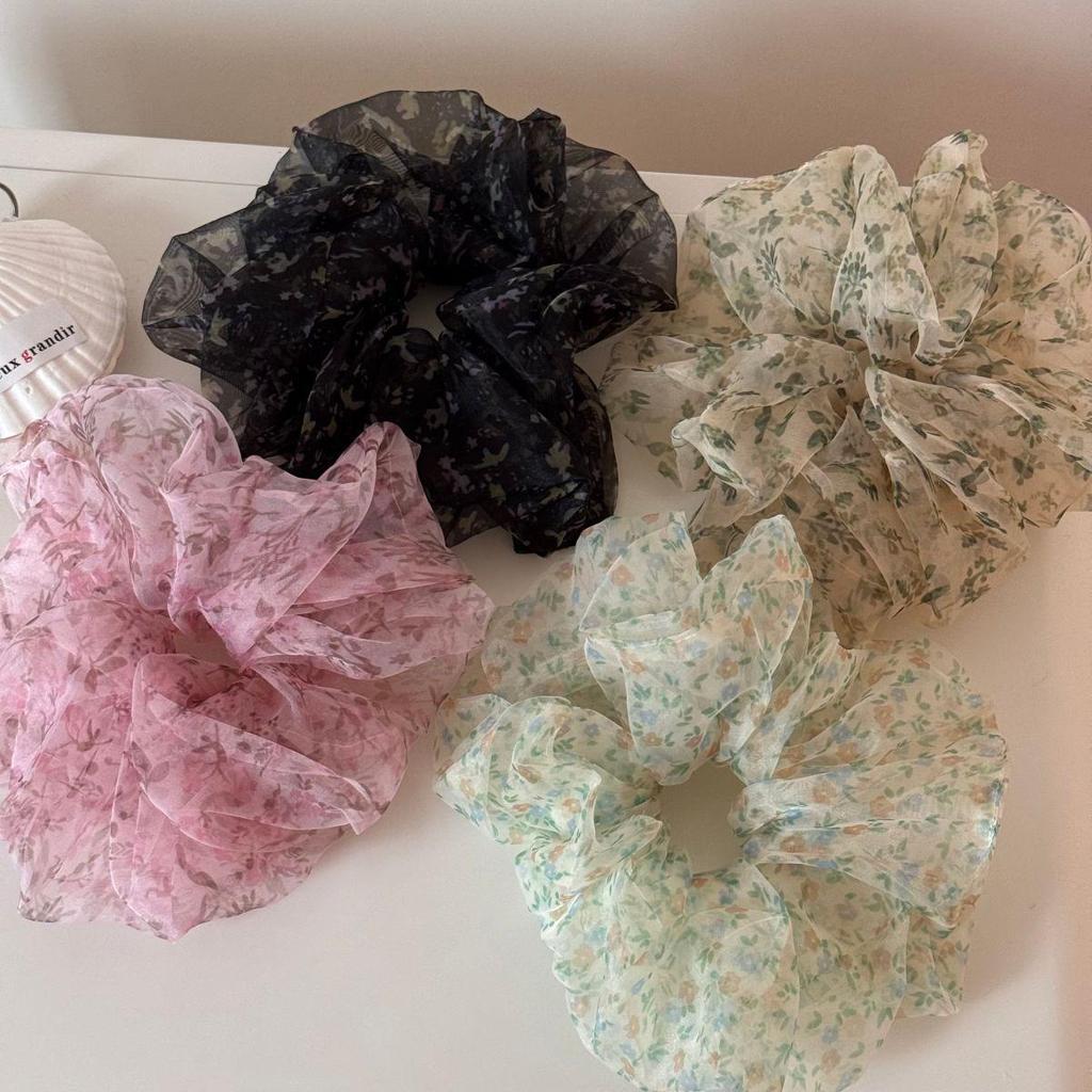 Korean Style Large Floral Organza Scrunchie for Women & Girls - Spring/Summer High-End Hair Tie