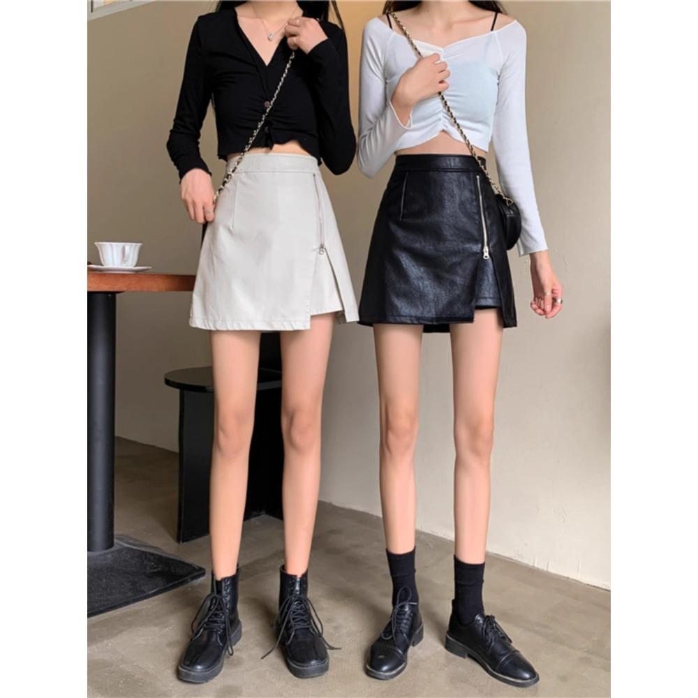 Women's High Waist A‑Line Mini Skirt Irregular PU Mini Skirt Side Zipper Casual Bottoms
