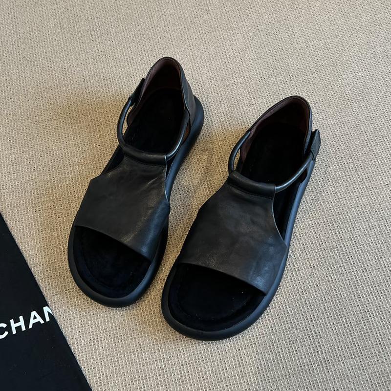 

Версия из овчины~ ретро повседневные сандалии с открытым носком и полыми стенками, женские летние новые универсальные римские туфли с мягкой подошвой, увеличивающие рост 35 чёрный