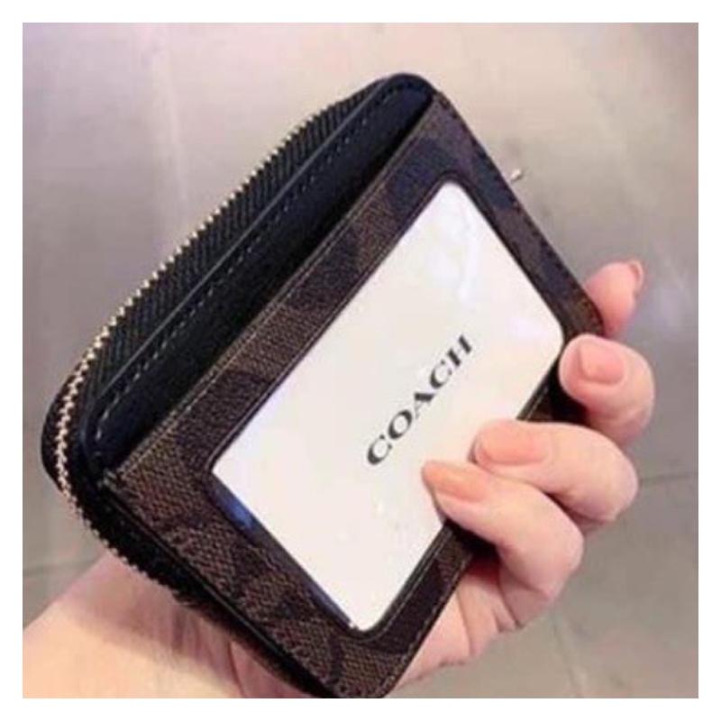 Coach Card Case Color Block Zipper Metal Logo Canvas and Leather Card Case Women's Black Brown Presbyopia