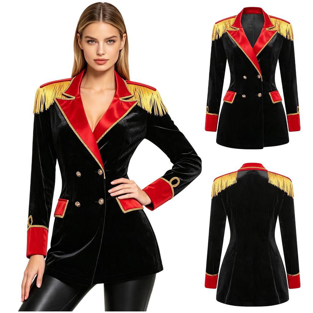 Women Circus Master Outerwear Velvety Lapel V Neck Double-breasted Coat with Gold Lace Tassel Epaulet for Halloween Rave Party