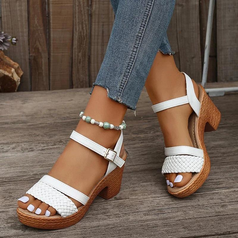 Women's Braided Chunky Heel Sandals Summer 2025 Ankle Strap Platform Gladiator Sandals Woman Fashion Woven High Heeled Sandalias