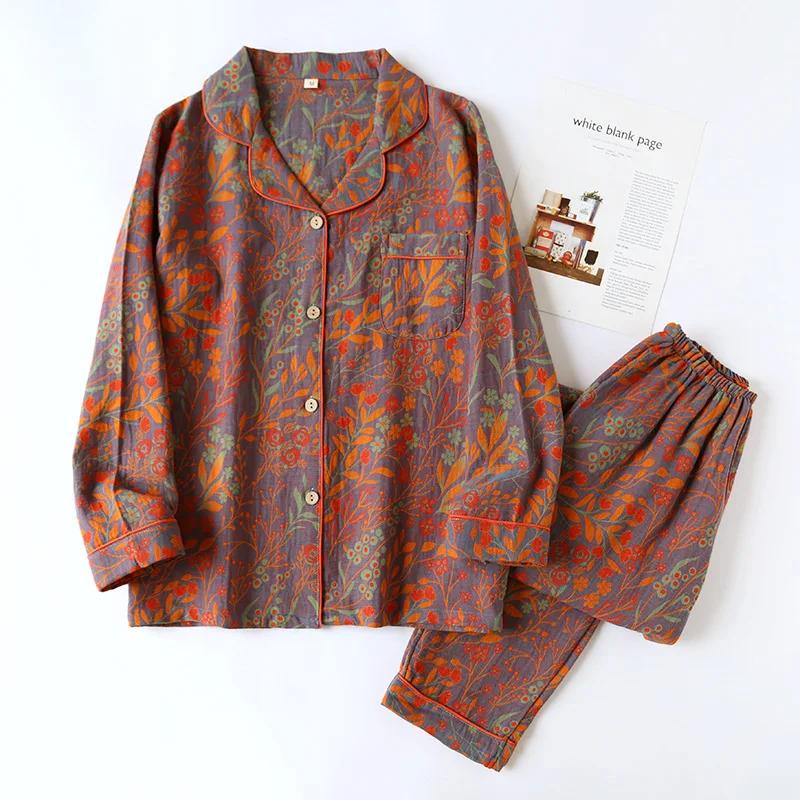 Spring Vintage Women's Pajamas Cotton Yarn Long Sleeve Pants Sleepwear Lapel Cardigan Home Clothes Soft Casual Set Woman 2 Pieces