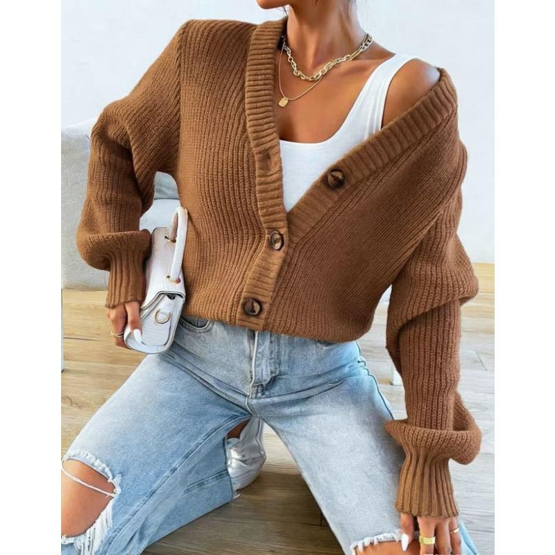 Women S Long Sleeve V Neck Single Breasted Knit Cardigan Solid Color Loose Fit Casual Outerwear
