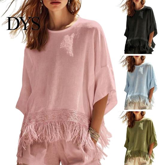 Women Fringe Shirt Solid Color with Tassels, O Neck Half Sleeve Casual Loose Fit T-shirt Blouses, Autumn Top