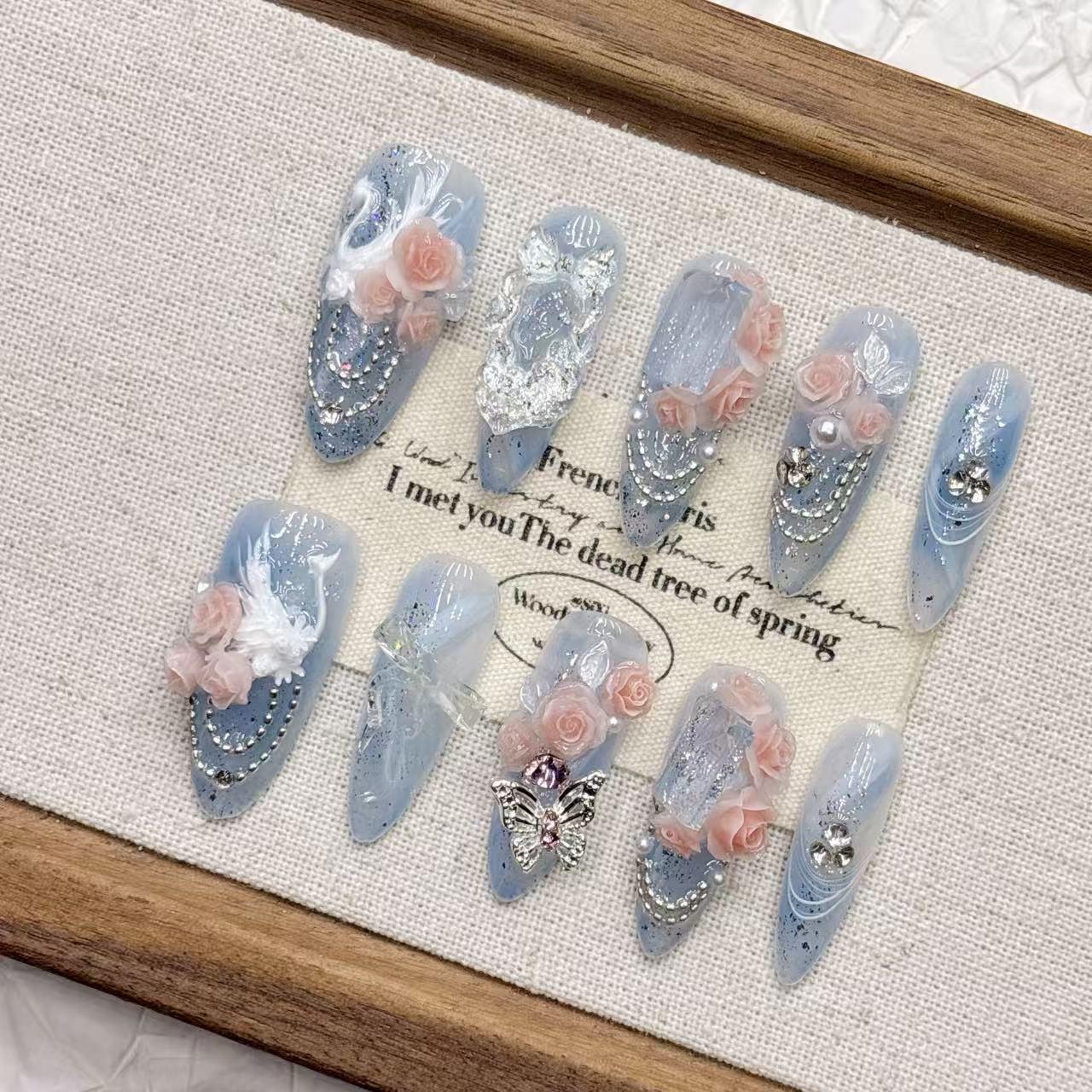 3D Light Blue Swan Medium-Length Pointed Fake Nail Art – Handmade Wearable Nails