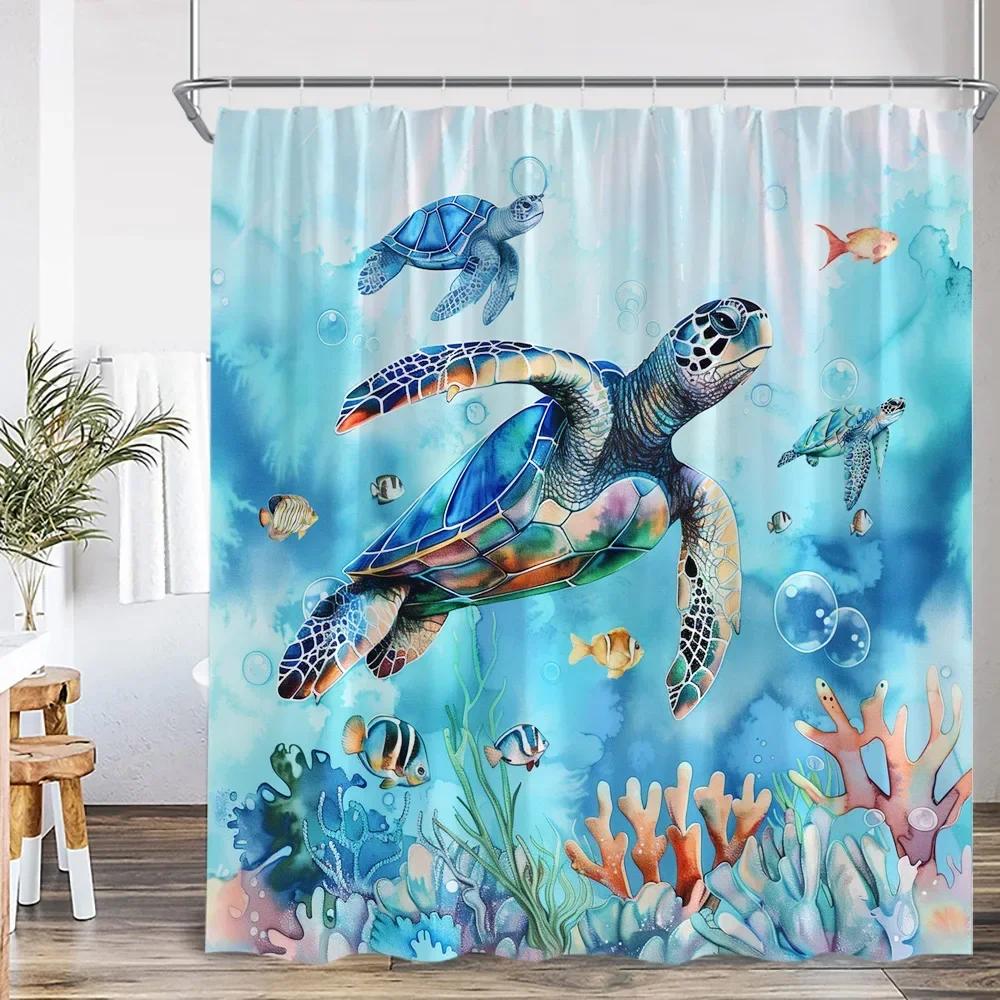 Ocean Animal Shower Curtain Sea Turtle Whale Shark Underwater World Bathroom Decorations Children'S Shower Curtain With Hook