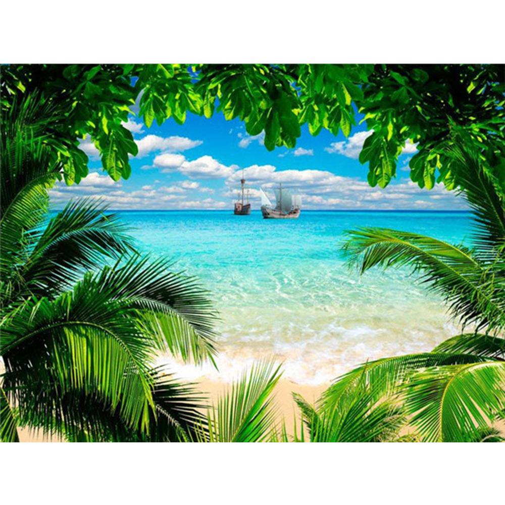 5D Full Square Diamond Painting Seaside Rhinestone Kit Diamond Embroidery Kit Landscape Coconut Tree Handicraft Wall Art