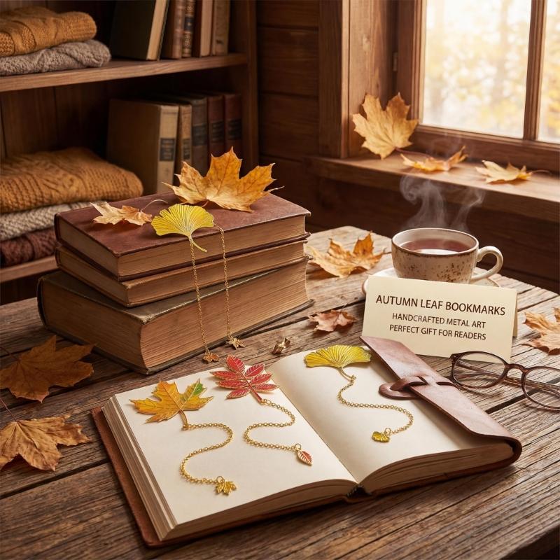 Fall Leaves Metal Bookmarks with Chain Pendant Novel Fiction Page Marker Page Divider for Book Lover Teacher Adult