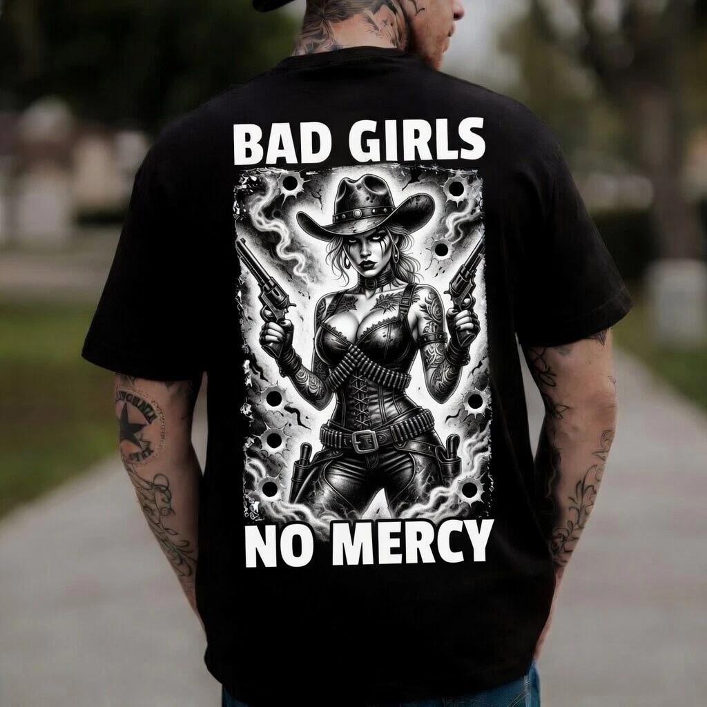 Bad Girls No Mercy Black Graphic T-Shirt Outlaw Tattoo Edgy Tee L