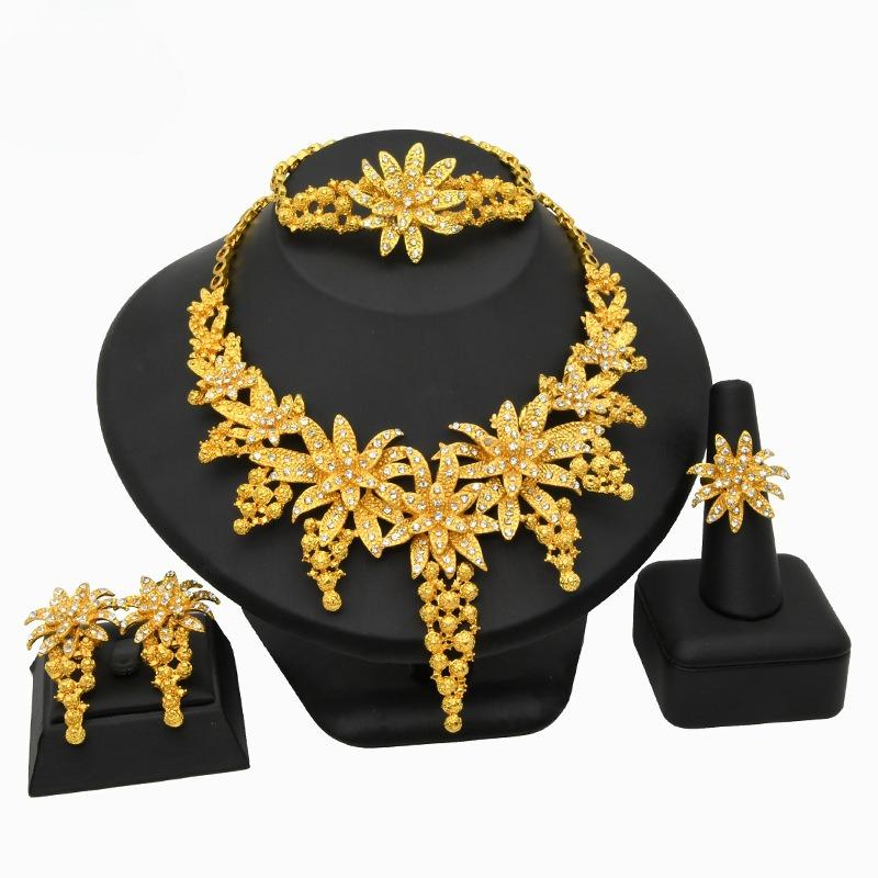 Dubai Gold Jewelry Indian Flower Bridal Jewelry Set Saudi Ladies Necklace Bracelet Earrings Ring Four-piece Set 2026