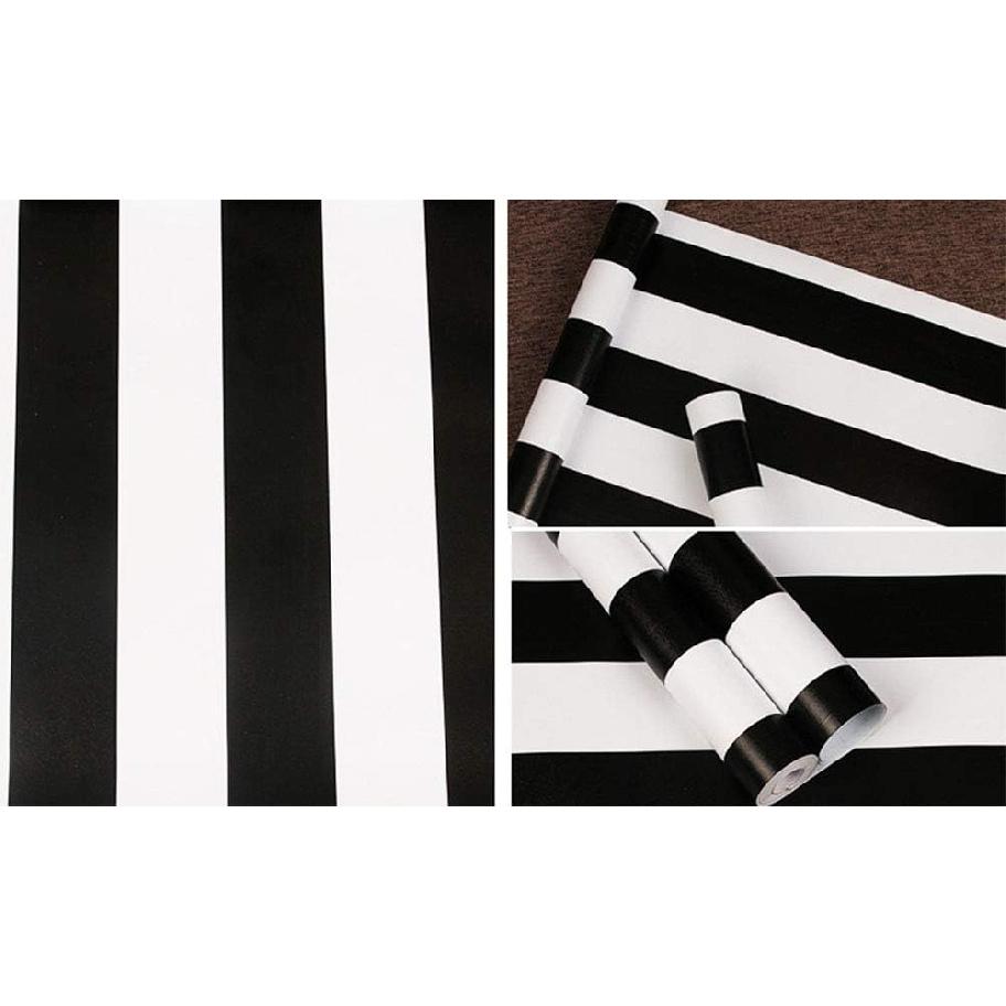 PoetryHome Self Adhesive Vinyl White Black Stripe Peel and Stick Wallpaper Shelf Liner Paper for Walls Furniture Cabinets Bedroom Kitchen Bathroom