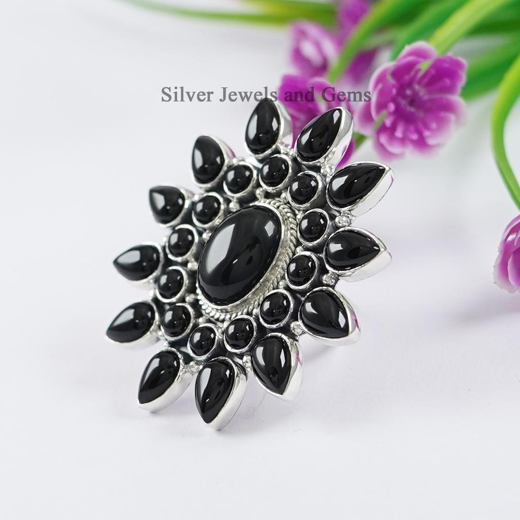Black Onyx Cluster Ring, 925 Sterling Silver, Handmade Statement Ring