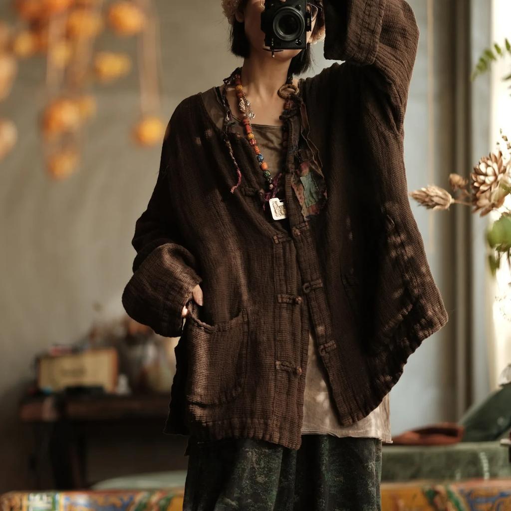 Johnature Women Vintage Shirts Tops Stand Long Sleeve Patchwork High Quality Thick Button Shirts