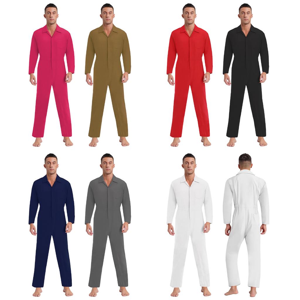 S-3XL Roupas Elegantes Masculinas Manga Longa Gola Lapela Fechamento com Zíper Frontal Cor Sólida Macacão Estilo Macacão