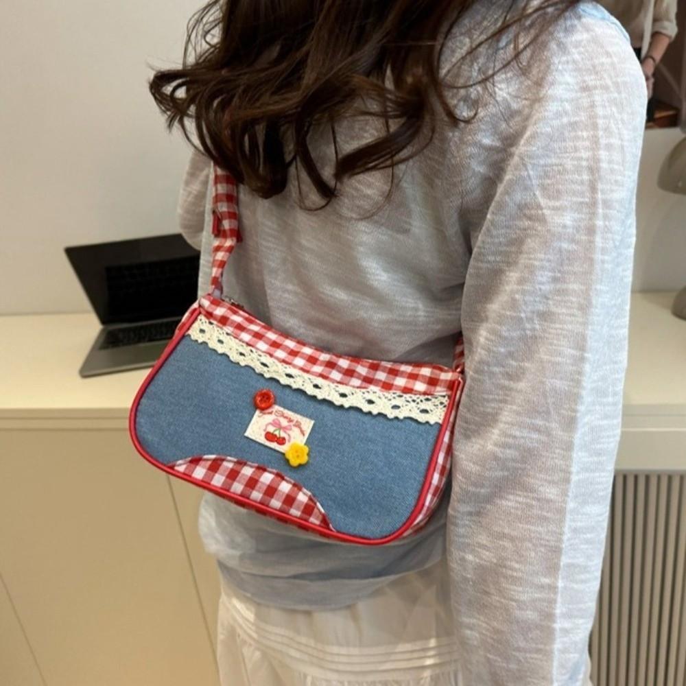 Plaid Lattice Shoulder Bag Rural Style Crossbody Bag Lovely Denim Underarm Bag Students