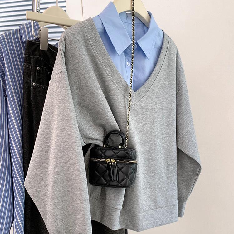 Gray V-Neck Patchwork Hoodie: Spring/Autumn College Style, Faux Two-Piece Design. L (105-120 jin)