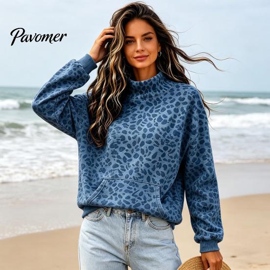Warm Fall Clothing Women Leopard Print Sweatshirt, Mock Neck Long Sleeve Pullover with Sweatshirt Kangaroo Pocket, Drop Shoulder Casual Top for Winter