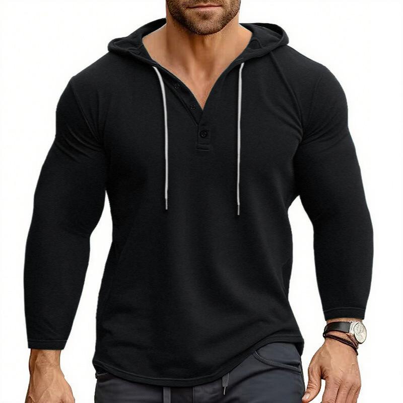 Herren Sport Freizeit Fitness Kapuzen-Knopf Langarm T-Shirt Hoodie Top