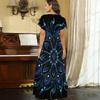 Women Plus Size V Neck Short Sleeve Black Blue Printed Straight Long Dress