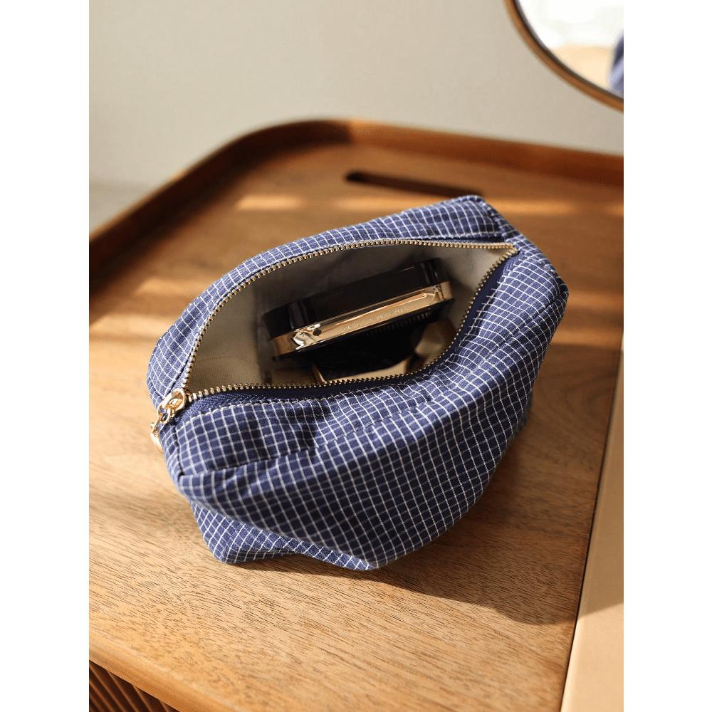 Japanese Style Plaid & Striped Fabric Multi-Functional Zipper Makeup Bag, Portable Travel Pouch School Supplies Travel Essentials Make Up Bag