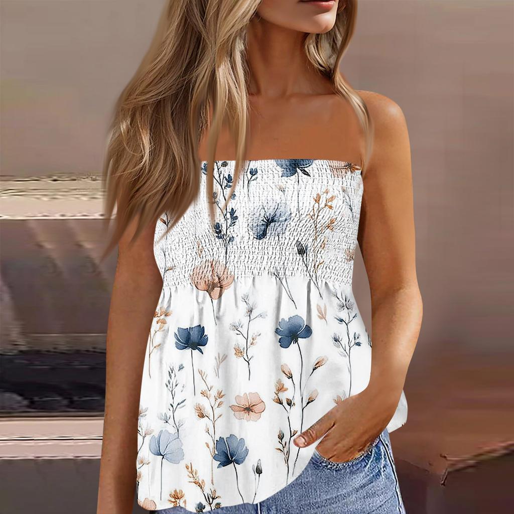 Women's Fashionable And Sexy Backless Elastic Floral Print Strapless Slimming T-shirt Top