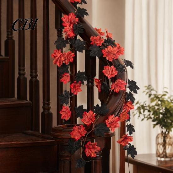 Rattan Branch Decor Artificial Maple Leaf Garland, Autumn Faux Vine, Black & Red Fall And Garland Leaves Hanging Vine for Fireplace Front Door