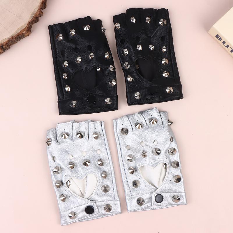 Stage Performance Leather Women Man Half-Finger Rivet Gloves Nightclub Dance Fashion Punk Hip-Hop Half Finger Mittens