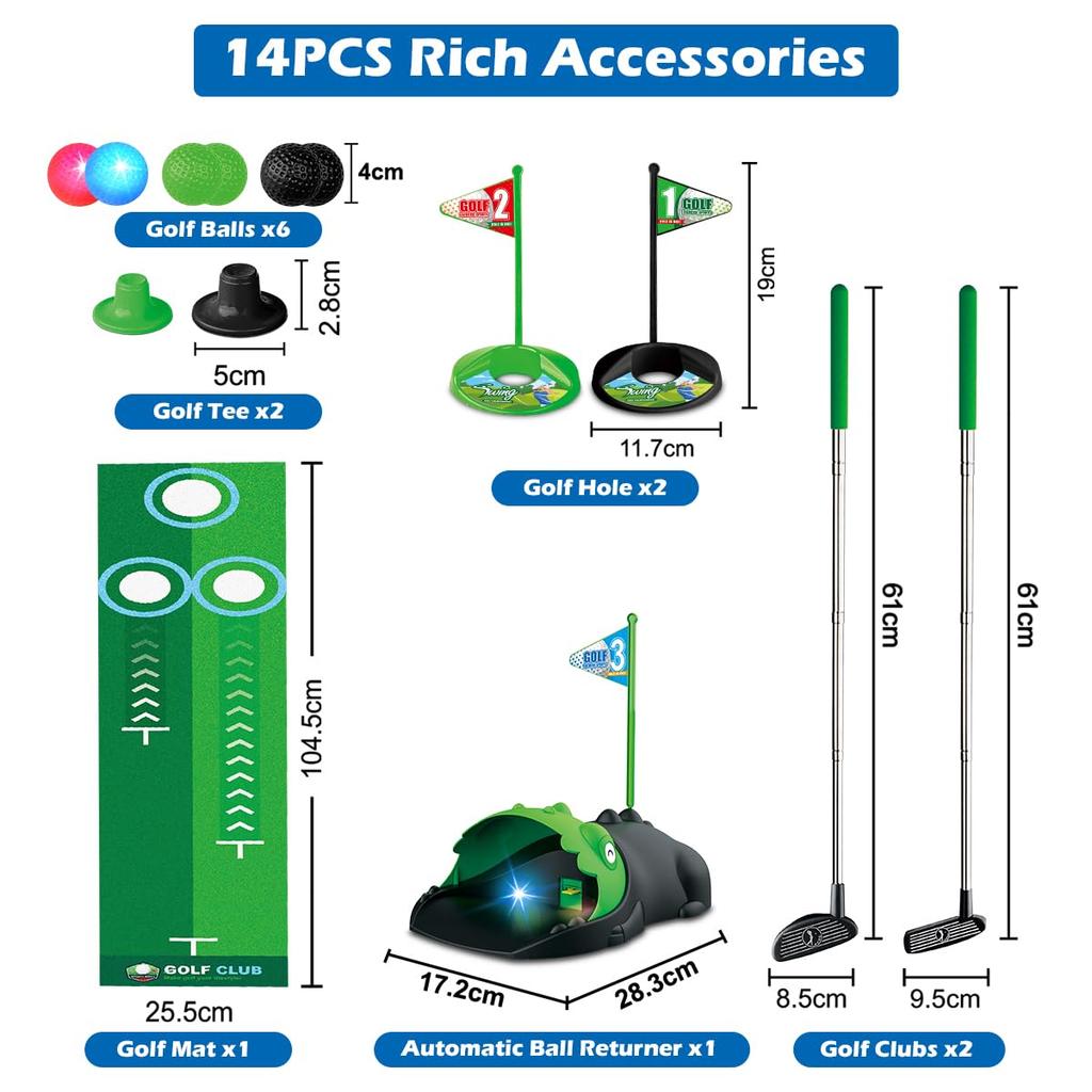 Kids Toy Golf Club Set with  LED Automatic Ball Returner, Golf Putting Mat Toddler Mini Golf Game Sports Gift for 3+  Boys Girls