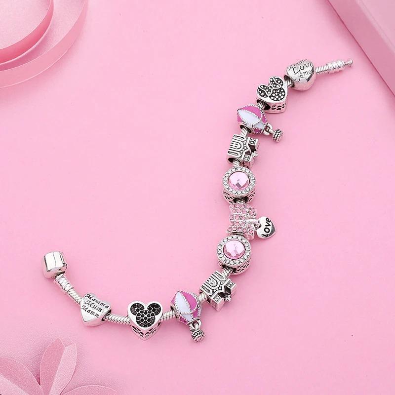 Pink Enamel Crystal Air Balloon Love Pendant Charm Bracelets for Women Girl Silver Plated Castle Minnie Bead Jewelry