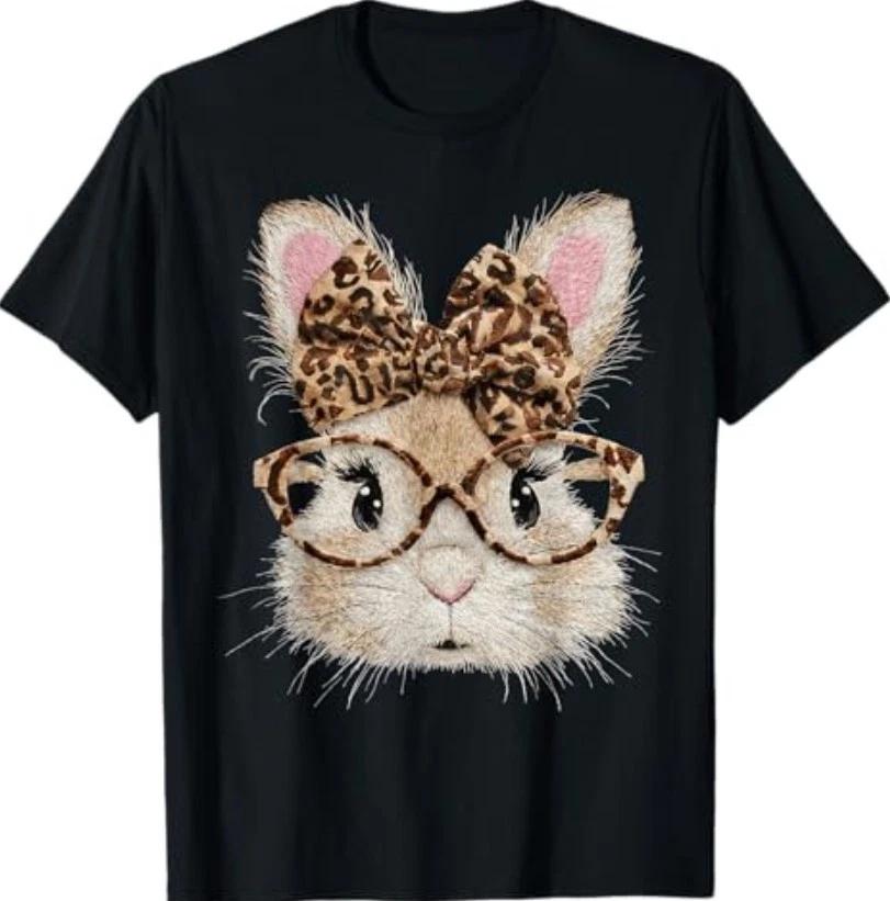 Cute Bunny Rabbit Face Leopard Coquette Bow Glasses Easter T-Shirt 3XL