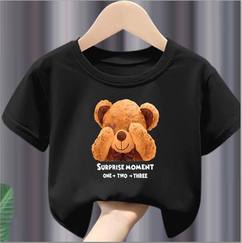 

Детская мультяшная милая забавная графика с медведем, короткий рукав для мальчиков и девочек, удобная креативная хлопковая футболка с круглым вырезом, дышащие топы 7-8T(140cm)