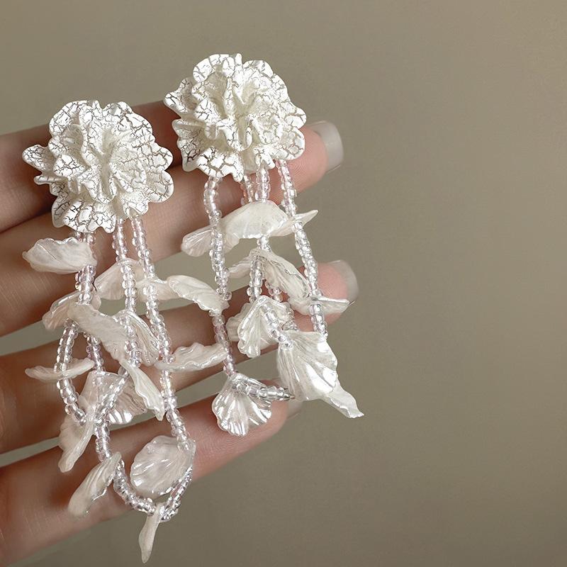 Glass bead tassel flower earrings light luxury exquisite personalized earrings fashion exaggerated earrings niche high sense