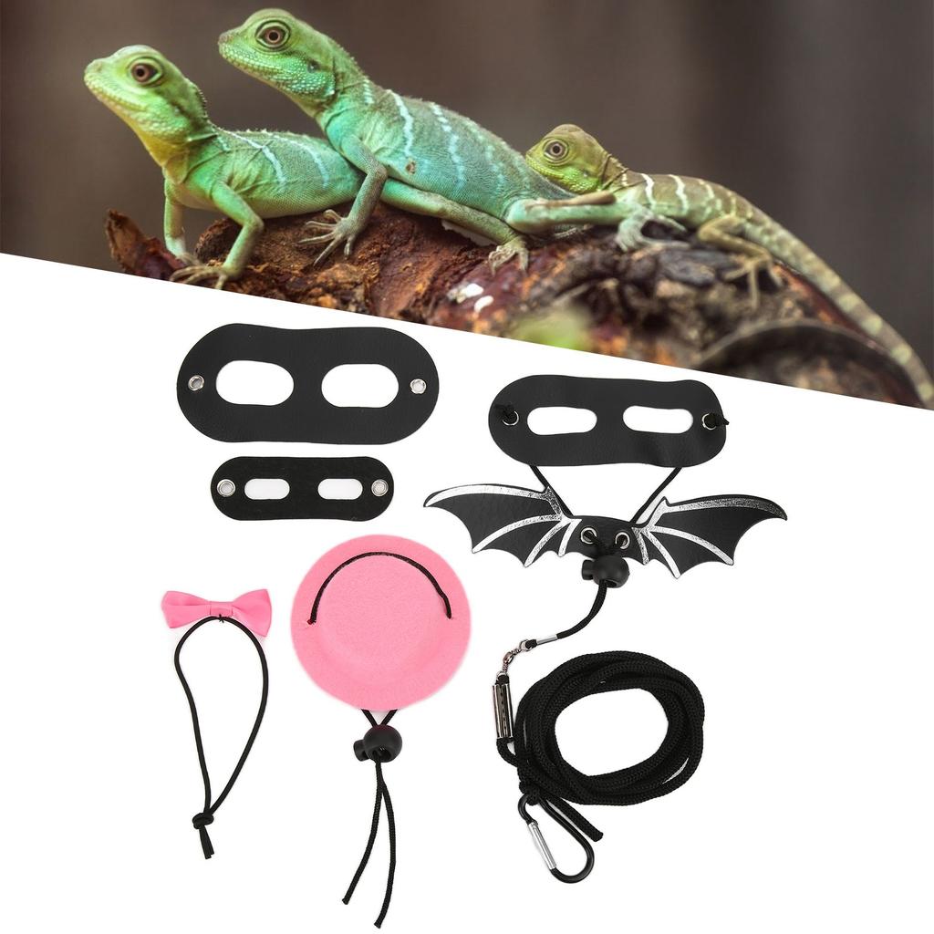 Reptile Harness and Leash Adjustable Lizard Traction Rope Hat Bowtie Set for Small Pet Animals(Pink