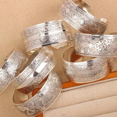 Women's Ethnic Style Wide Tibetan Silver Bangle: Retro Carved Design with Open Cuff