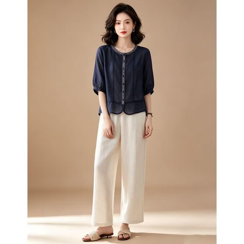 EST+II Women's Ramie Round Neck 3/4 Sleeve Cardigan & Wide-Leg Pants Set